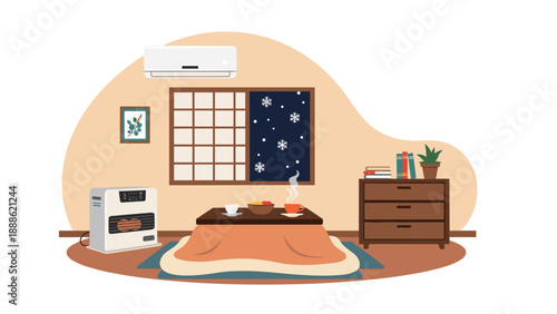 Cozy Japanese living room illustration with a kotatsu table and heater during a snowy winter night seen through the window.
