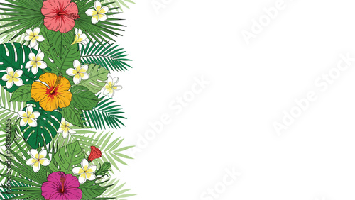 Vertical tropical border design with colorful hibiscus flowers, white plumeria, and various green palm and monstera leaves.