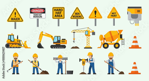Construction Icons Set: Heavy Machinery, Building Workers, Safety Signs, Crane, Excavator, and Cement Mixer Flat Vector Illustration.