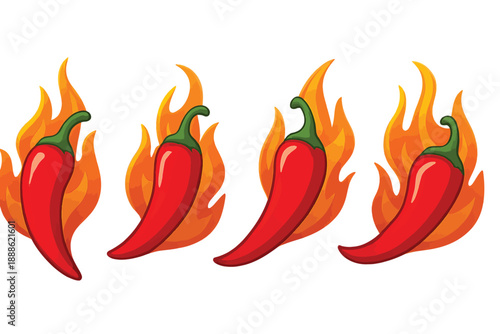 Hot Chili Pepper Vector Set with Fire: Spicy Red Chili Designs Symbolizing Heat and Flavor, Isolated on White Background.