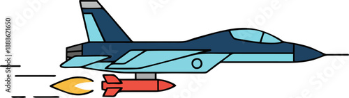 Blue fighter jet launching red rocket missile with yellow-orange flame exhaust trail and motion lines, dynamic flat cartoon vector aviation illustration