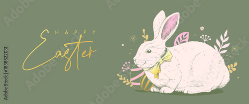 Happy Easter artistic poster or greeting card with rabbit, floral decorative elements and Easter eggs on green background. Vector illustration