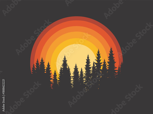 Silhouette of pine trees against a layered sunset with orange and yellow hues sunrise forest