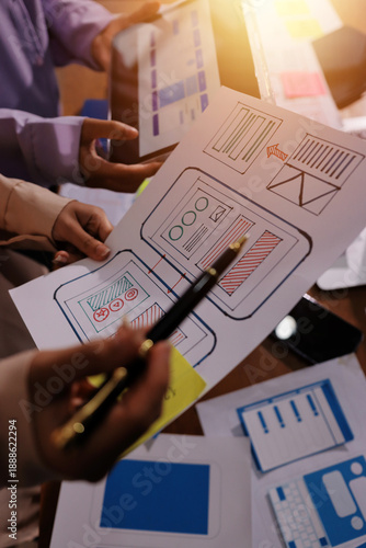 Close up ux developer and ui designer brainstorming about mobile app interface wireframe design on table with customer breif and color code at modern office.Creative digital development agency.