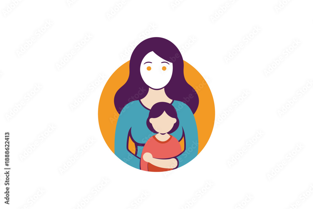 Obraz premium Mother embracing child icon, intimate moment, circular frame, colorful illustration, symbolizing nurturing and affection