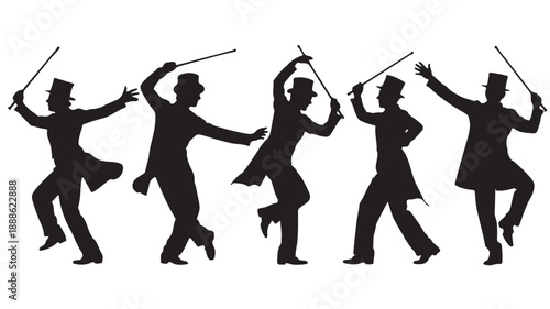Silhouette of People Dancing with Drumsticks Isolated on White Background