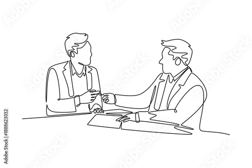 business people on the table during negotiations between diplomats and businessmen. Negotiation Business concept. Single line draw design. Vector graphic illustration