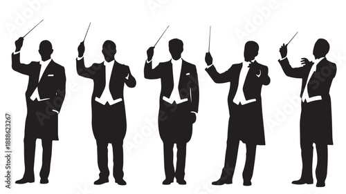 Conductor Silhouettes Leading Orchestra with Baton on White Background