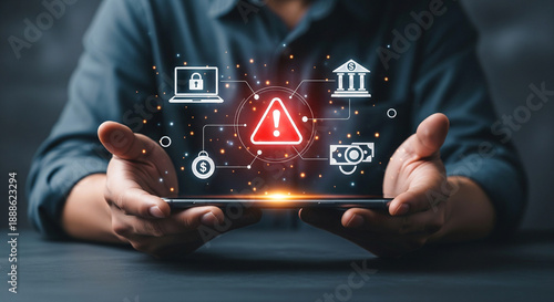 Cybersecurity risk alert on smartphone, digital fraud warning, financial data breach concept