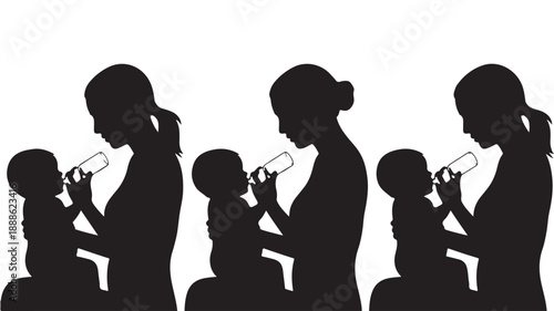 Mother Feeding Baby with Bottle Silhouette Isolated on White Background