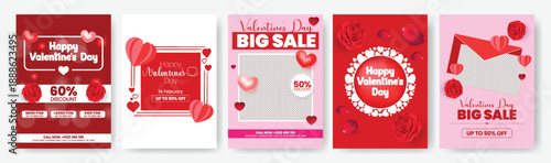 Romantic Valentine celebration party poster flyer template set with stylish typography and glossy 3D heart vector illustration backgrounds