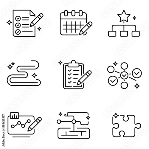 smart planning AI agent for task scheduling productivity and efficient workflow management featuring digital assistance automation scalable vector icons for business and technology applications.