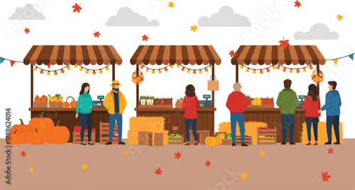 Autumn harvest market scene, vendor stalls, pumpkins, vegetables, fall leaves, festive outdoor fair, cad drawing flat vector illustration