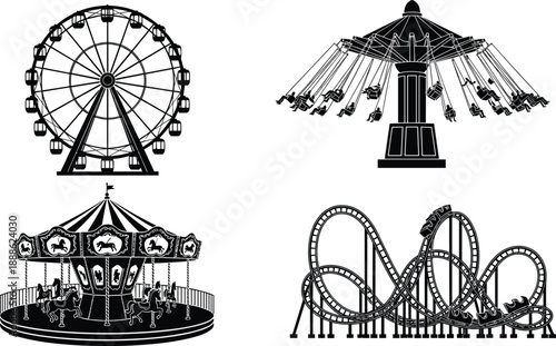 Amusement park ride silhouettes, Ferris wheel, carousel, swing ride, roller coaster vector, entertainment icons, cad drawing flat vector illustration