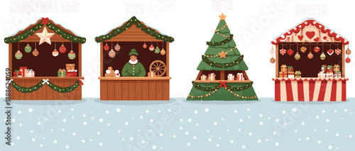 Winter market scene, Christmas stalls, holiday decorations, festive tree, snowflakes, seasonal gifts, cad drawing flat vector illustration