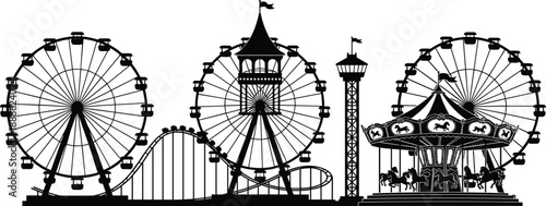 Amusement park silhouette vector, Ferris wheel, roller coaster, carousel, drop tower, festive rides, cad drawing flat vector illustration