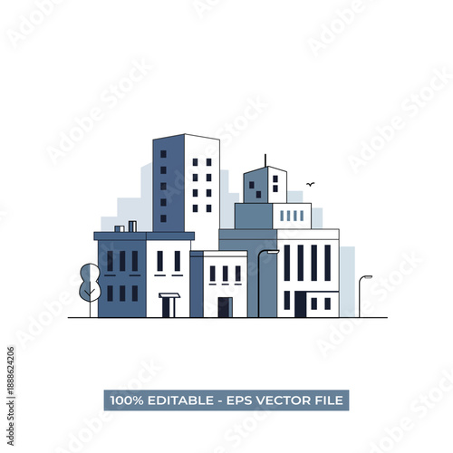 Cityscape illustration of modern buildings and architecture from a street level viewpoint