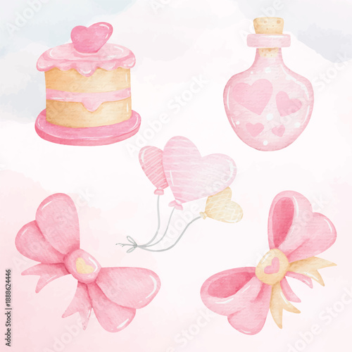 Watercolor Valentines Cute Objects Bundle with Cake Ribbon and Heart Elements
