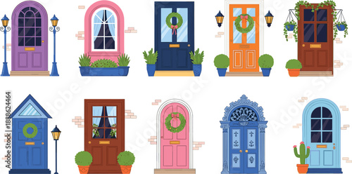 Colorful front door collection, festive home entrances, decorative wreaths and plants, architectural variety, cad drawing flat vector illustration