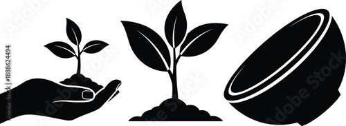 Hand holding plant, soil growth, coconut half silhouette, nature icons, organic farming concept, cad drawing flat vector illustration