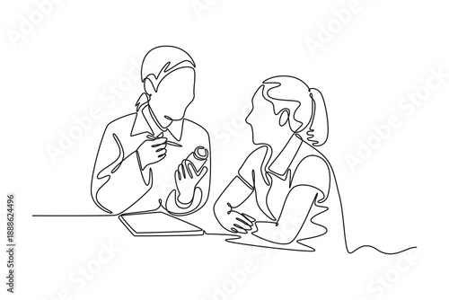 a physician making a prescription for a senior patient. Doctor visit and consul concept. Single line draw design. Vector graphic illustration