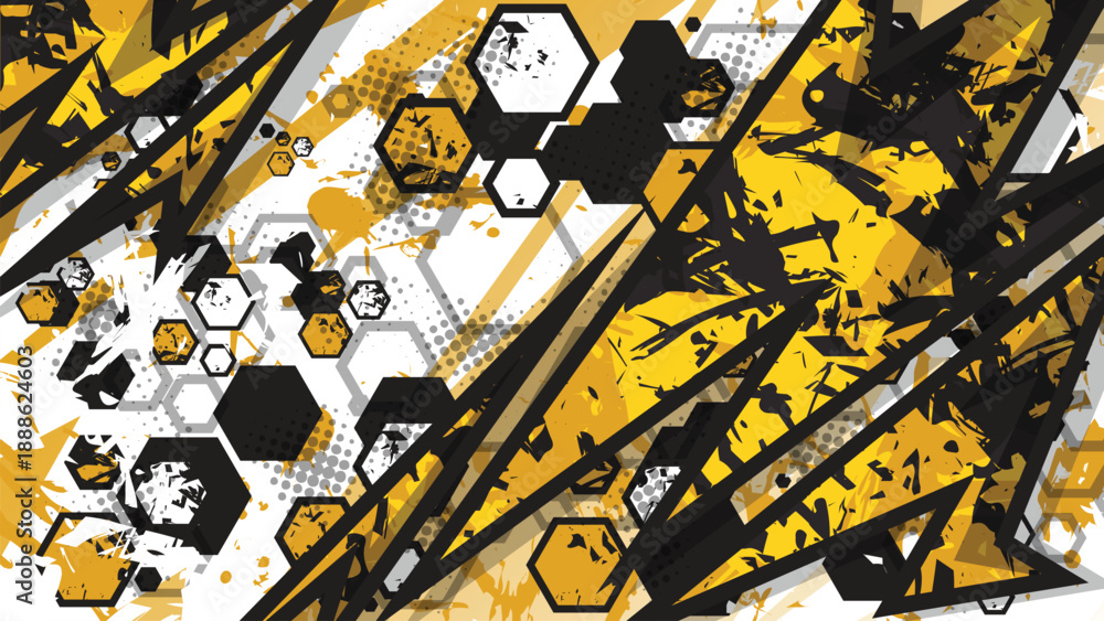 Fototapeta premium Modern Racing Background Vector with Geometric Hexagon and Grunge Splatter Pattern