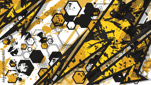 Modern Racing Background Vector with Geometric Hexagon and Grunge Splatter Pattern