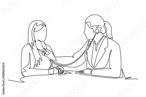 doctor woman using medical stethoscope tool hearing patient heartbeat. Doctor visit and consul concept. Single line draw design. Vector graphic illustration