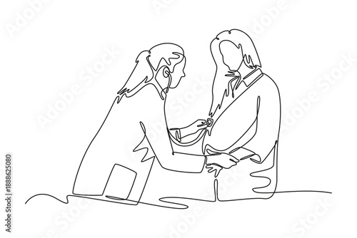 Happy pregnant woman has appointment with doctor at clinic. Doctor visit and consul concept. Single line draw design. Vector graphic illustration