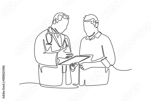 Doctor visit and consul concept. Single line draw design. Vector graphic illustration