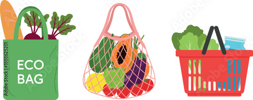 Reusable Eco Shopping Bag Illustration Set with Vegetables, Mesh Grocery Bag, and Market Basket Promoting Zero Waste and Sustainable Lifestyle Concepts
