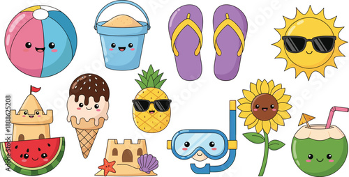 Cute Summer Beach Icon Set with Kawaii Sun, Ice Cream, Tropical Fruits, Sandcastle, Snorkel, Flip Flops, and Vacation Elements