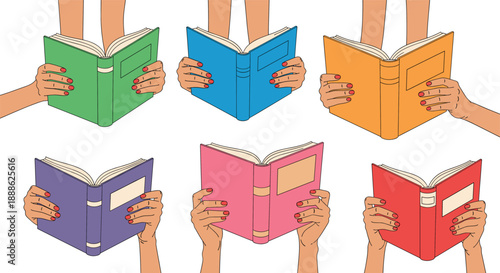 Set of human hands holding open colorful books from a first-person perspective for reading education and literacy concepts vector.