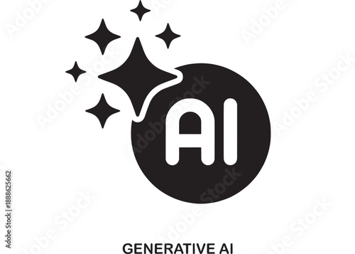Black and white flat design icon representing Artificial Intelligence with shining stars and the letters AI inside a circle.
