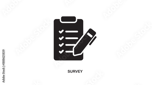 Simple black and white vector icon of a clipboard with a checklist and a pen, representing survey or task completion on a clean white background.