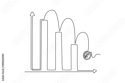 diagram with a dollar sign falling down. Profit and lost invesment concept. Single line draw design. Vector graphic illustration