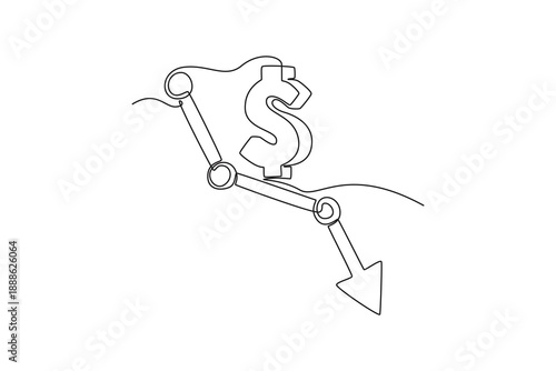 Financial crisis. Businessman on falling diagram. Loss income. Profit and lost invesment concept. Single line draw design. Vector graphic illustration