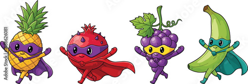 Superhero fruit characters, pineapple, strawberry, grapes, banana, flying fruits, healthy food, cartoon style, kids concept, dynamic pose, fun illustration