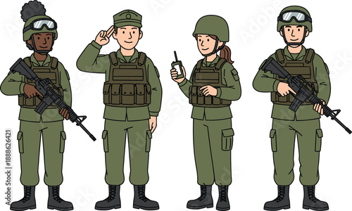 Military Soldier Character Illustration Set with Armed Troops in Uniform, Tactical Gear, and Different Poses for Army, Defense, and Security Designs
