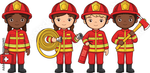 Firefighter Character Illustration Set with Diverse Firemen in Uniform Holding Hose, Fire Extinguisher, Axe, and First Aid Kit for Safety Designs
