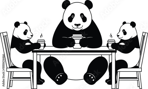 Three pandas sitting at table, drinking tea, family moment, cute animals, black and white illustration, whimsical, cozy, symmetrical, cartoon style