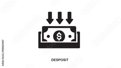 Black icon illustrating a dollar bill with downward arrows indicating deposit or cash flow into a wallet or bank account, representing financial transactions.