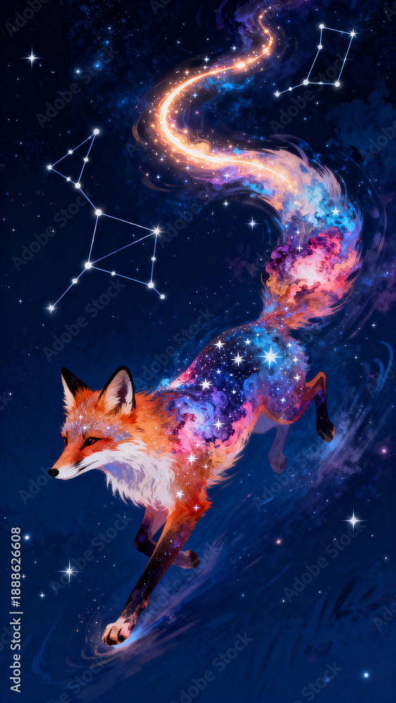 Fototapeta premium Cosmic fox with galaxy tail and constellations in night sky 