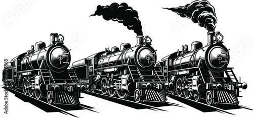 Vintage steam locomotives, black and white illustration, industrial train engines, historical transportation, retro railway art, dramatic smoke, mechanical detail