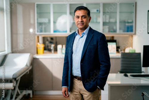 Professional Indian doctor in blue blazer standing in modern clinic office with medical equipment and bright interior lighting