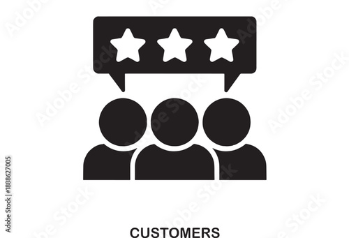 Customer satisfaction icon with three star ratings in a speech bubble above three black user silhouettes, simple flat design vector illustration
