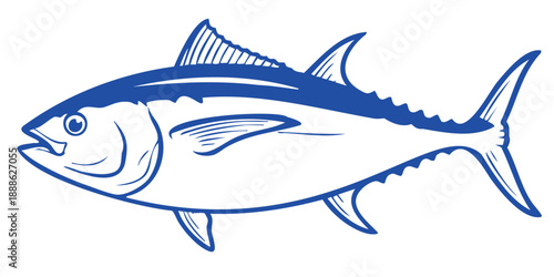Minimalist dark blue line art tuna fish illustration isolated on white background