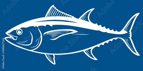 Minimalist white filled tuna fish icon with blue outline on dark background