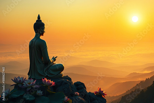 Silhouetted Buddha Illustration Against Golden Peaks