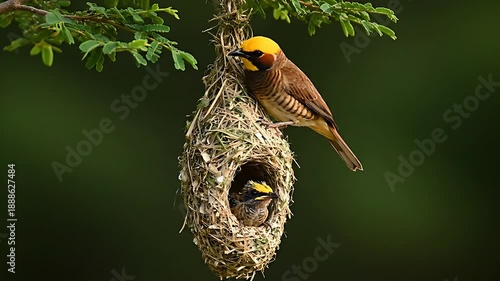A brilliant male Baya weaver bird meticulously attends its intricately woven hanging nest while a chick patiently waits inside the protected entrance tunnel below.